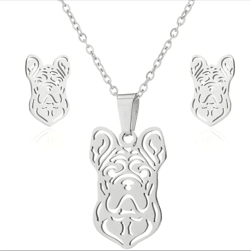 Stainless Steel Silver Frenchie Dog Cut Metal Necklace and Earring Set
